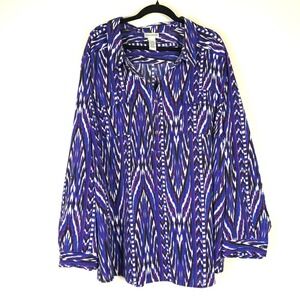 Catherines Plus‎ Size 5X 34/36W Blue Pink Ikat Print Sleeve Button Front Shirt